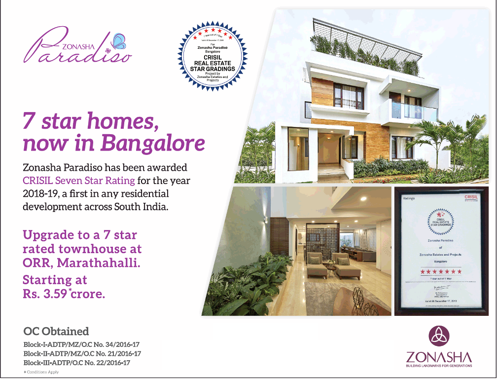 Upgrade to a 7 star rated townhouse at Zonasha Paradiso, ORR, Marathahalli Update